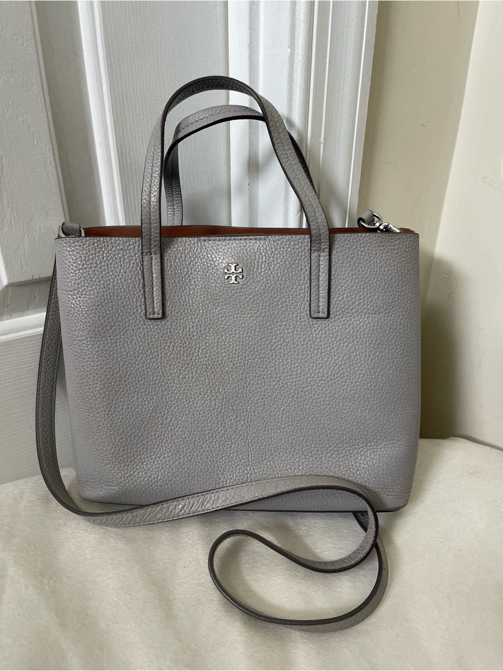Tory Burch Gray Pebbled Leather Tote with Crossbody Strap